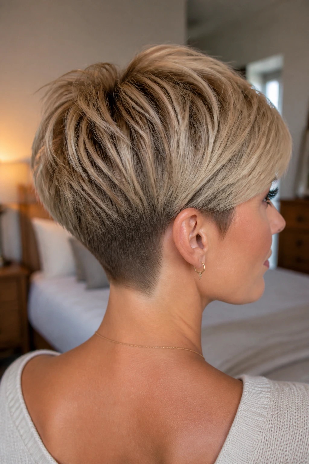Close-up of a real woman with a tapered nape pixie, neat neckline and lifted crown in warm window light