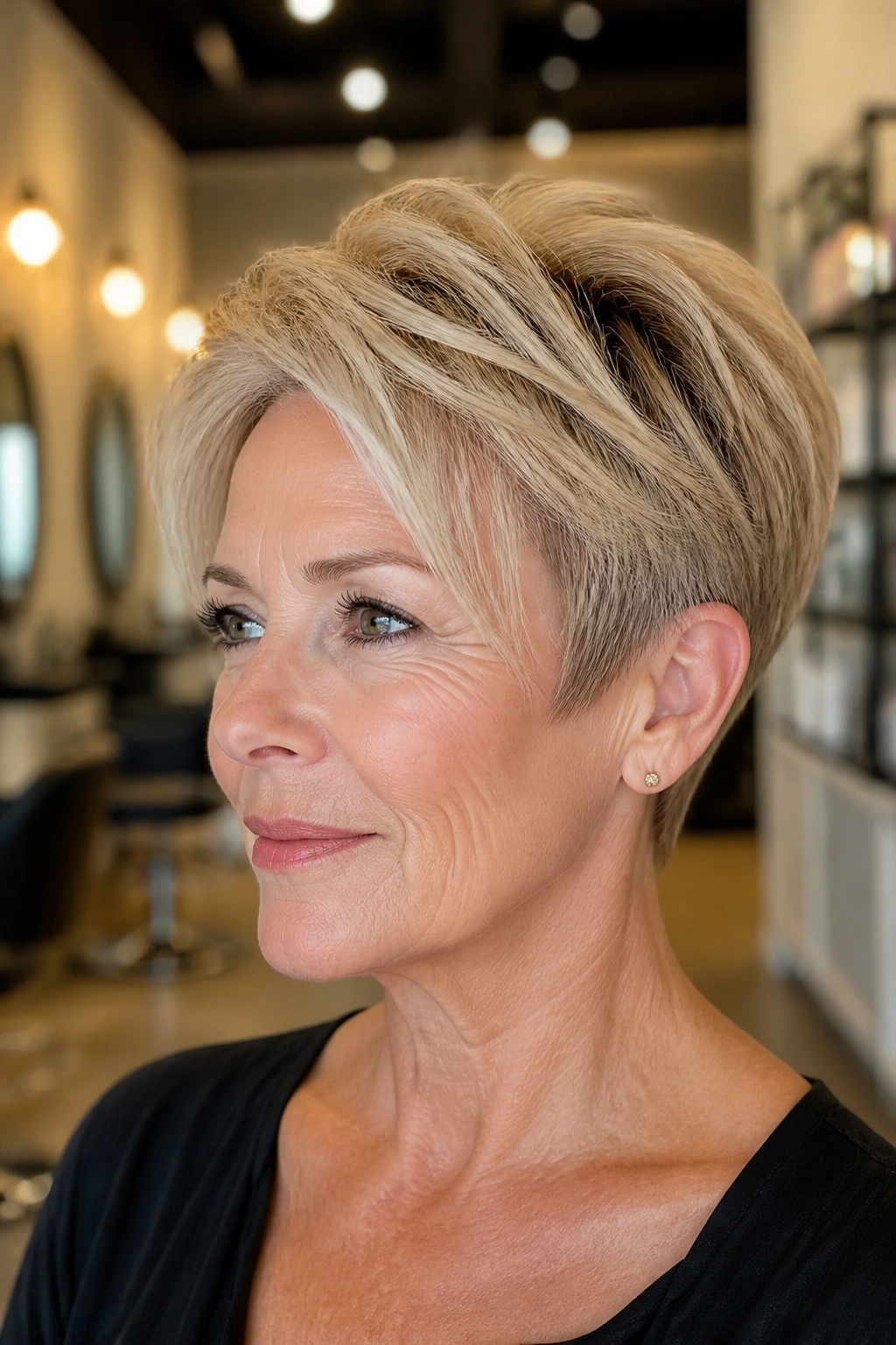 Close-up portrait of a real woman with tapered nape pixie and long crown haircut.