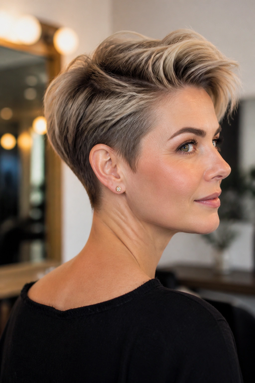 Three-quarter portrait of a real woman with tapered nape pixie and long top layers