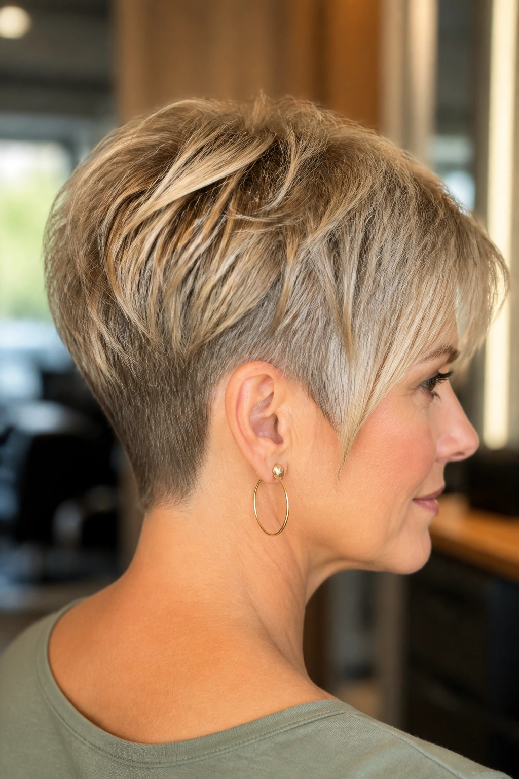 Portrait of a woman with tapered nape pixie and soft layers in salon lighting
