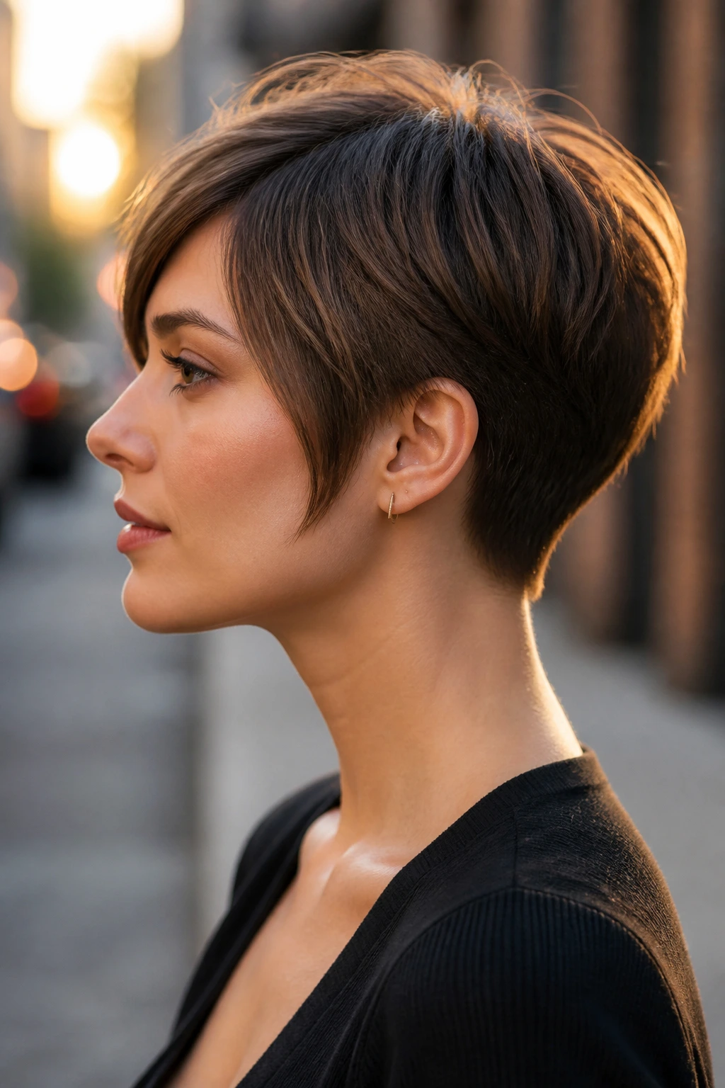 Side-profile close-up of a real woman with tapered nape pixie and longer temples
