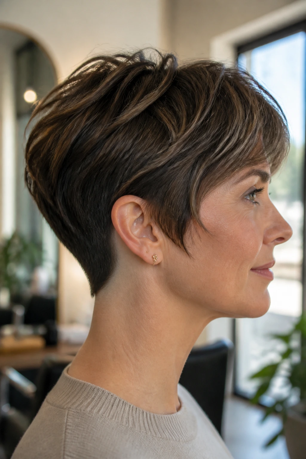 Side-profile of a real woman with tapered nape pixie showing clean neck taper and longer front