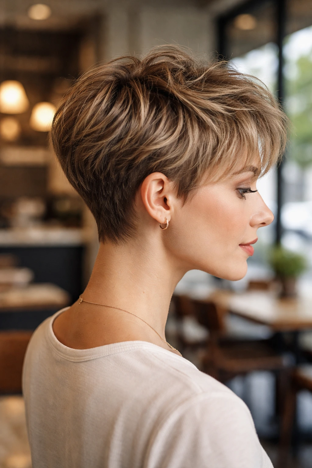Close-up profile of a real woman with a tapered nape pixie highlighting the clean neck line.