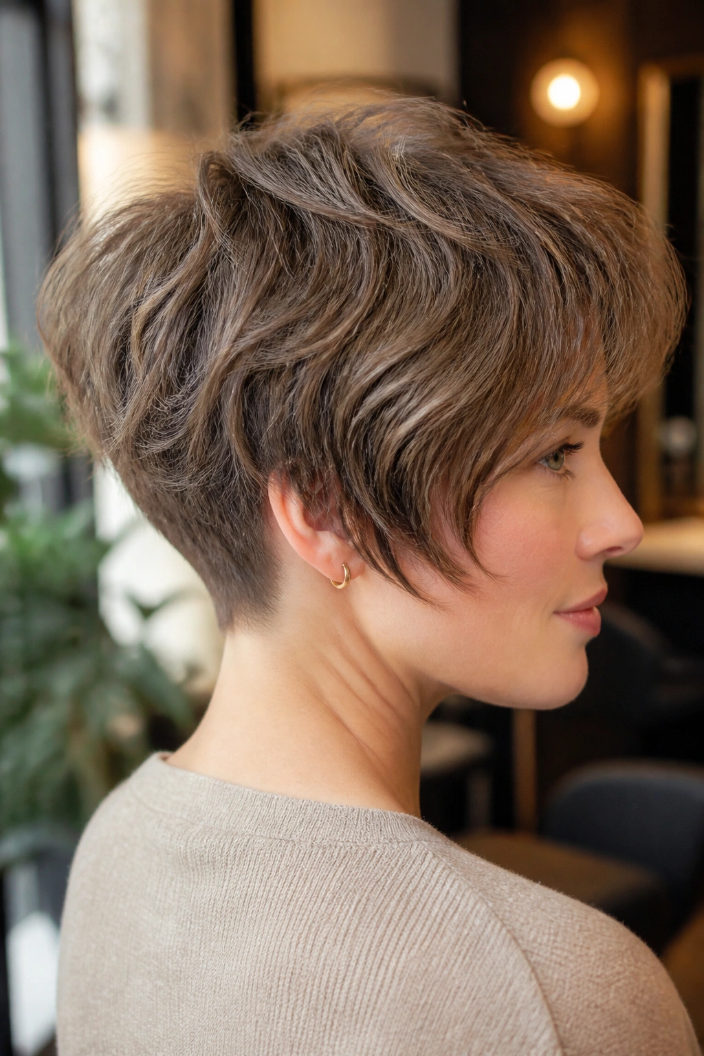 Close-up of a real woman with a tapered nape shag pixie highlighting back neckline.