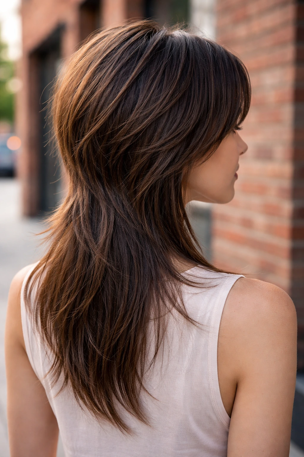 Three-quarter back view of a real woman with tapered nape long micro shag