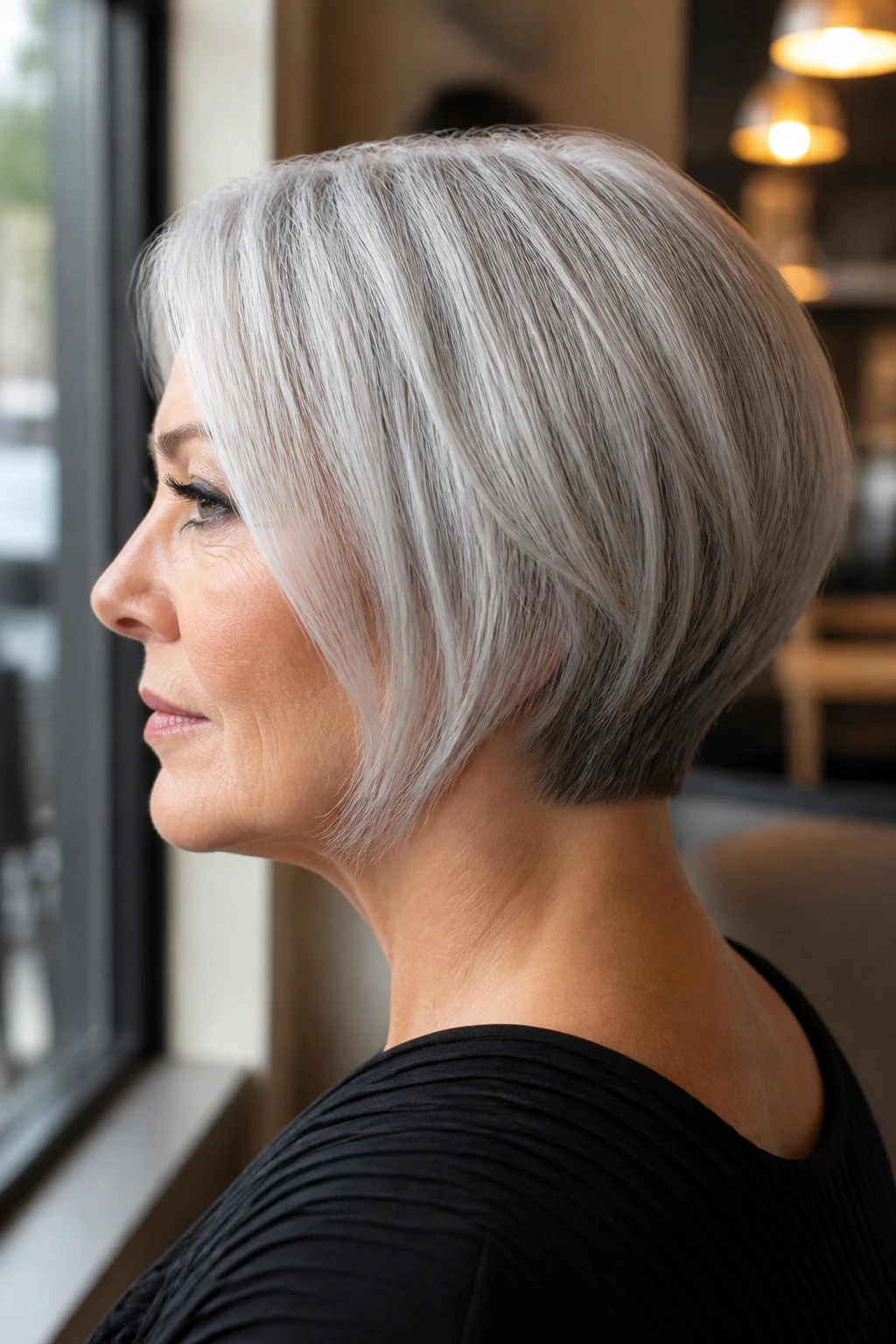 Close-up portrait of a real woman with tapered nape silver bob