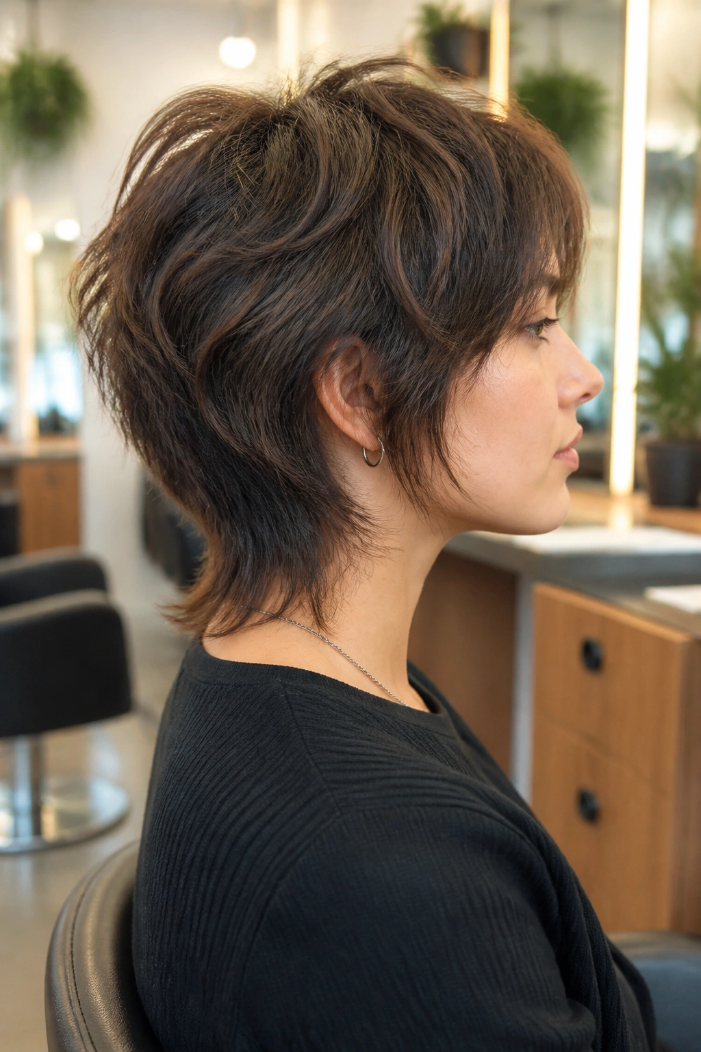 Three-quarter profile of real person with tapered nape wolf cut