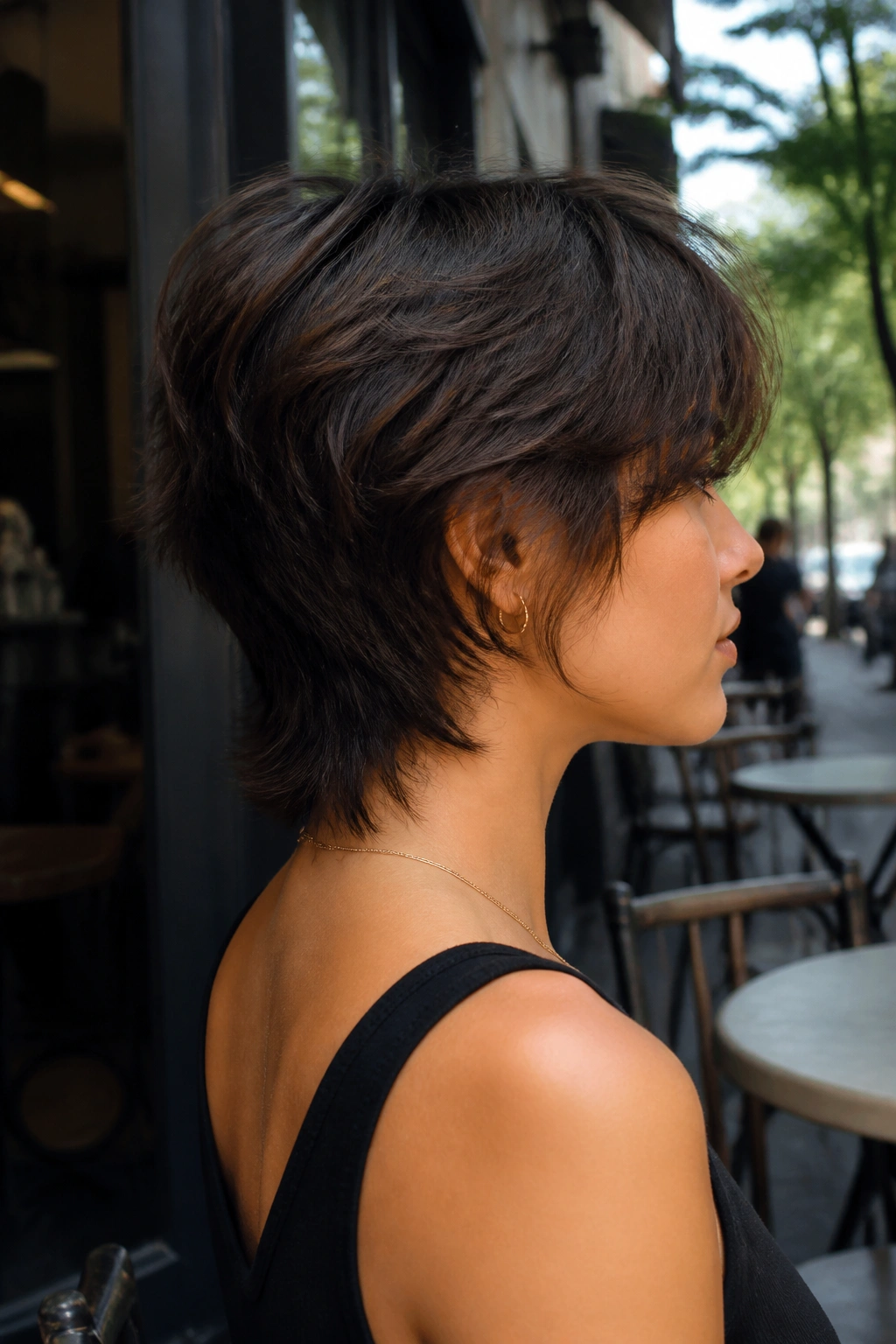 Side-profile of a real woman with a tapered-nape wolf cut displaying a soft tapered back.