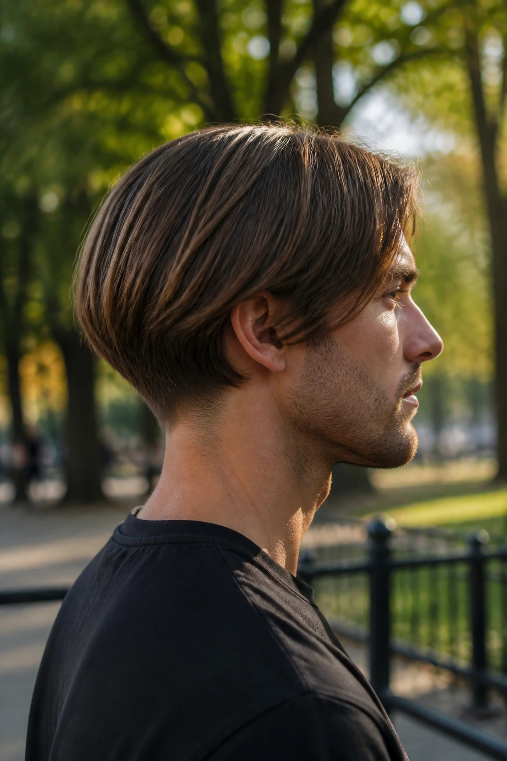 Side-profile of a man with a tapered neckline bob showing a clean tapered nape
