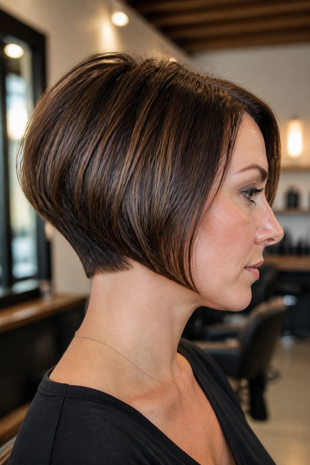 Close-up portrait of a real woman wearing a tapered neckline bob with a clean base, nape tapered, in warm salon light
