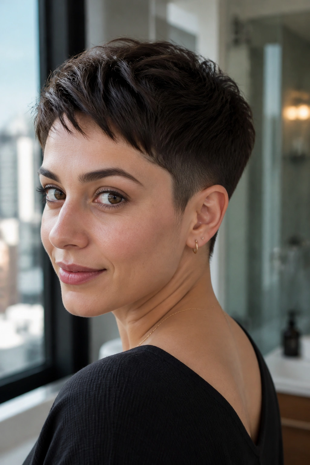 Close-up of a real woman with a tapered pixie and clean sides in natural light.