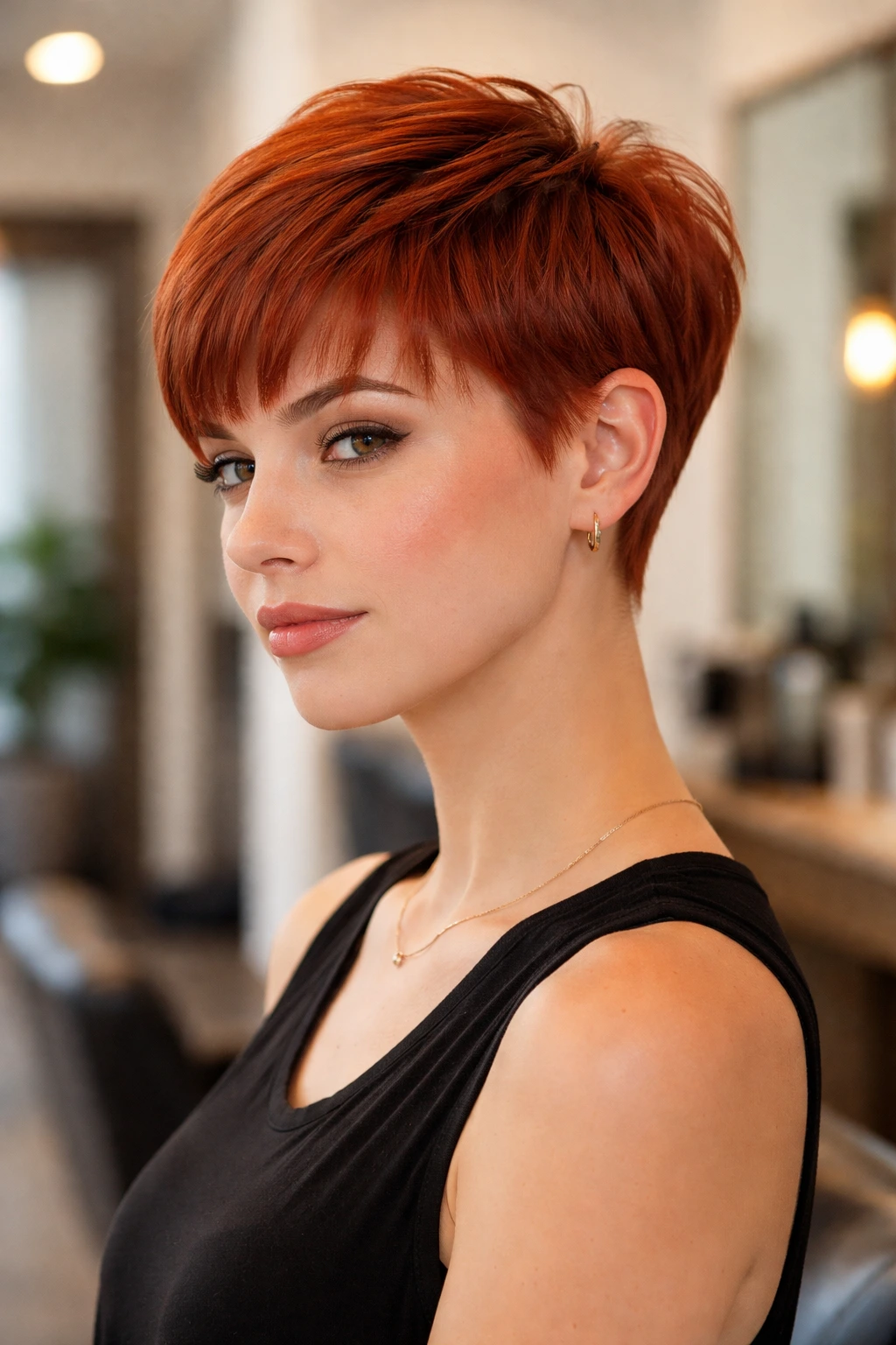 Real woman with tapered strawberry pixie with bangs in a salon setting