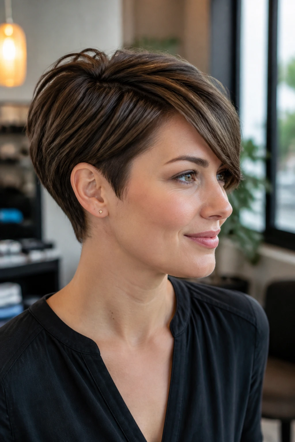 Real woman with tapered pixie-bob hairstyle in a chic interior.
