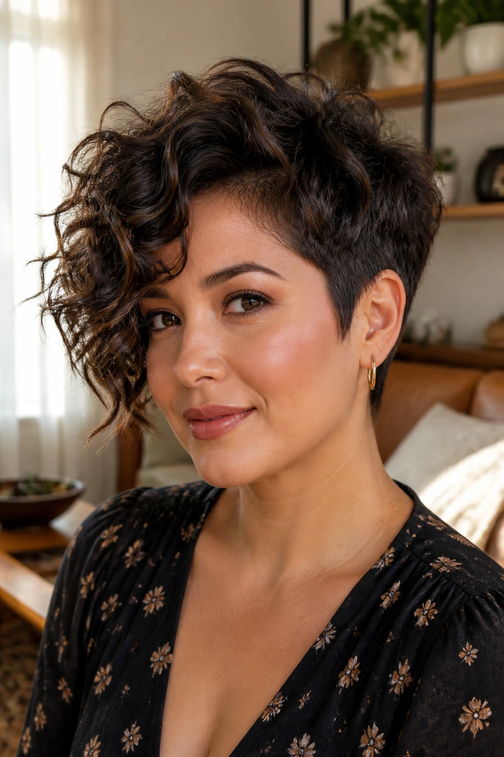 Close-up portrait of a real woman with tapered pixie bob hybrid and loose curls on a round face
