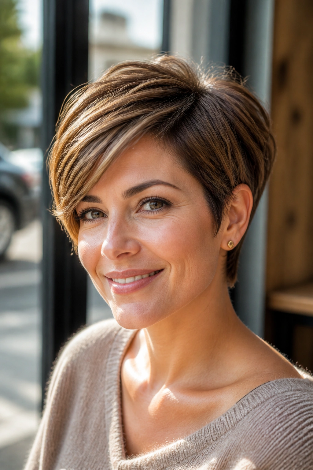 Close-up of a real woman with a tapered pixie bob in warm cafe light
