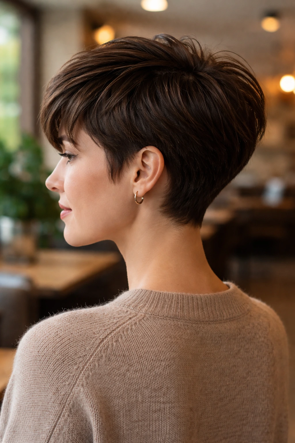 Profile of a real woman with a tapered pixie and close nape in a cafe setting.
