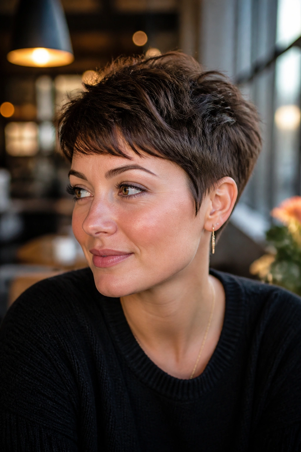 Real person with tapered pixie crop in a cafe setting