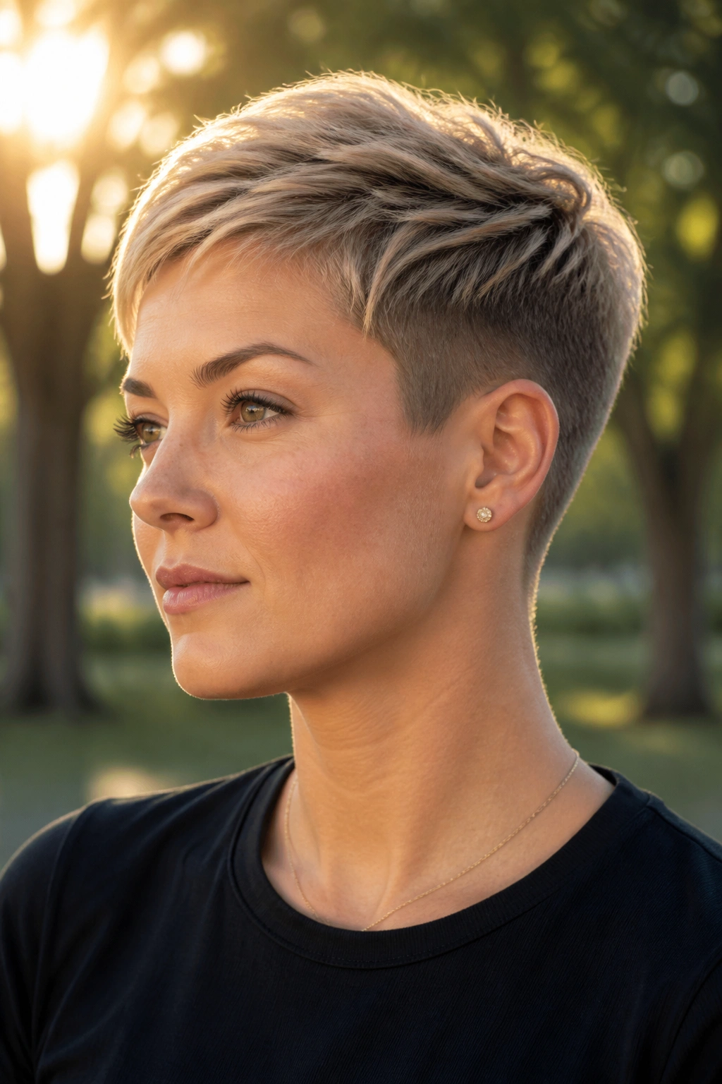 Close-up portrait of a real woman with a tapered pixie crop and lifted crown