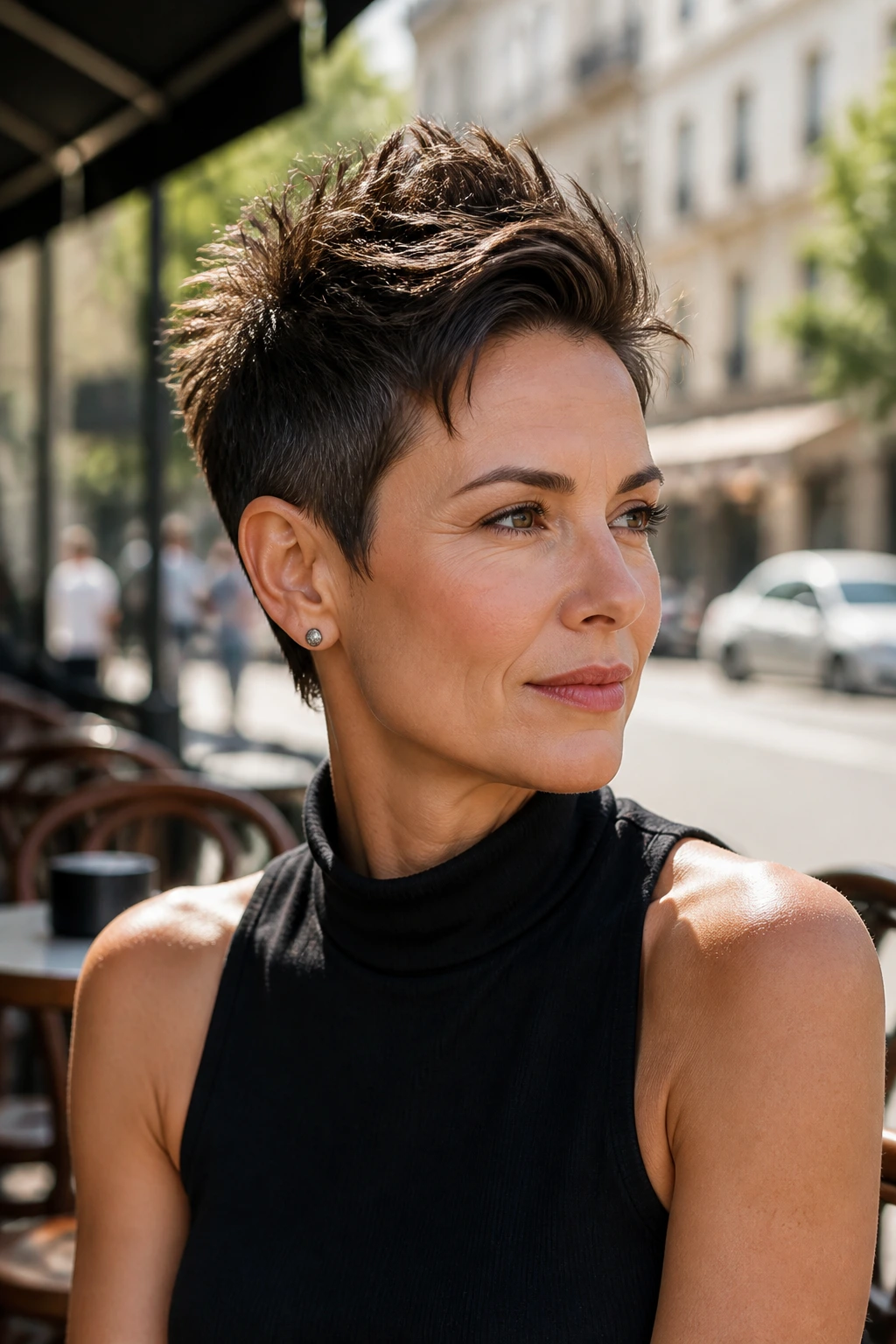 Portrait of a real woman with a tapered pixie and crown height