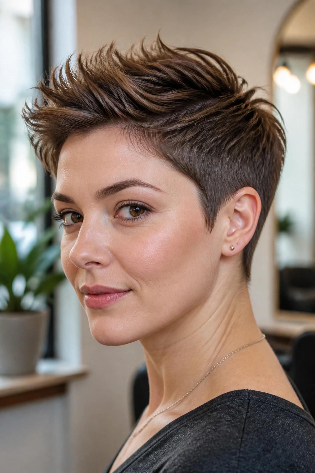 Close-up of a real person with a tapered pixie and lifted crown.