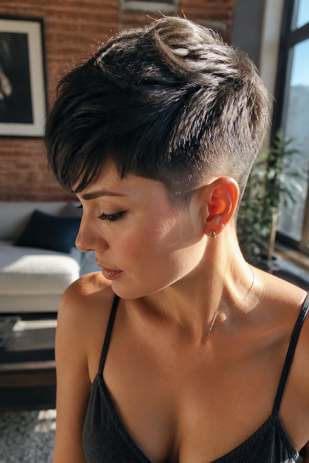 Portrait of a real person with a tapered pixie in sunlit room