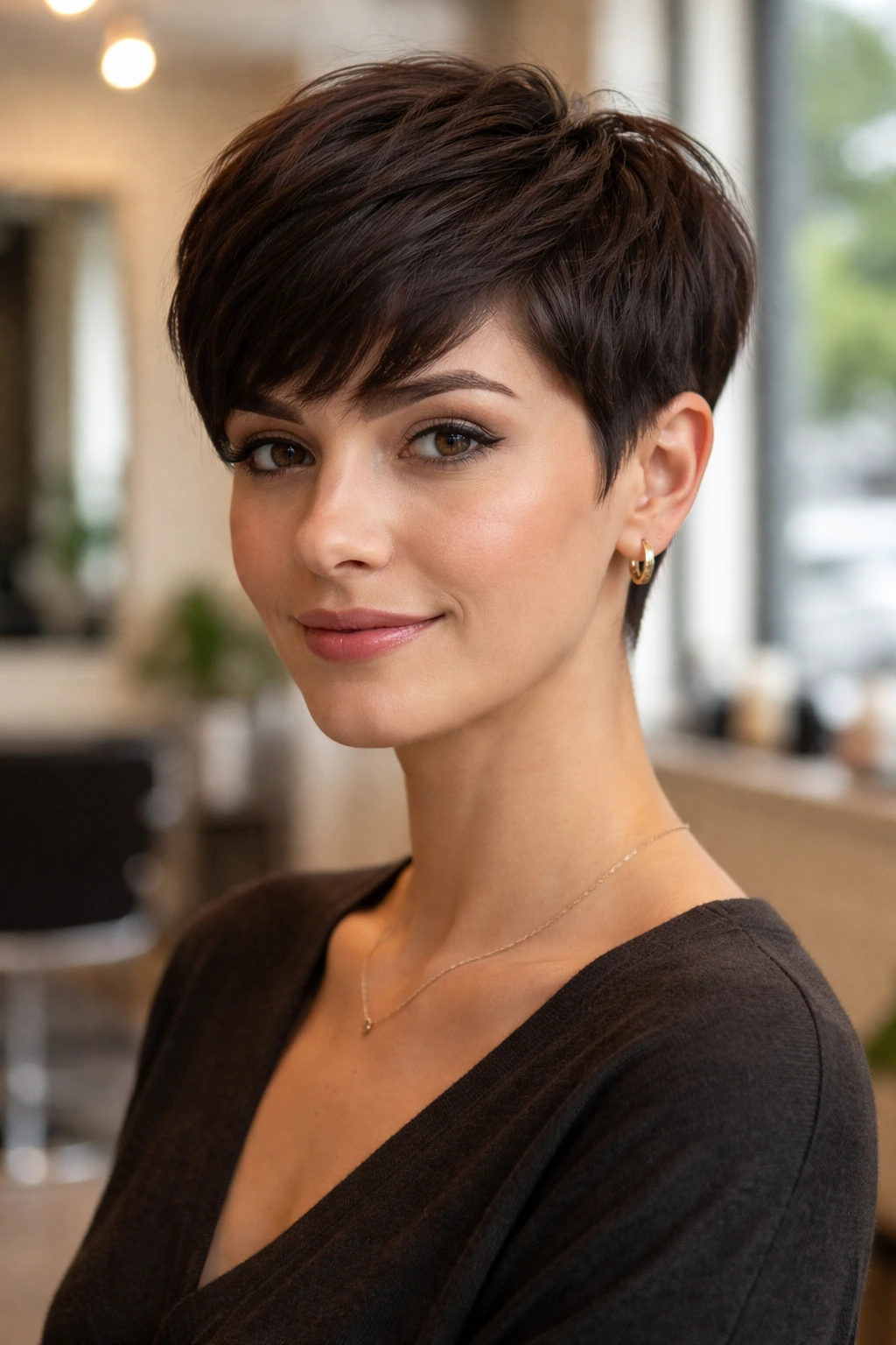 Close-up portrait of a real brunette woman with a classic tapered pixie showing density on fine hair.