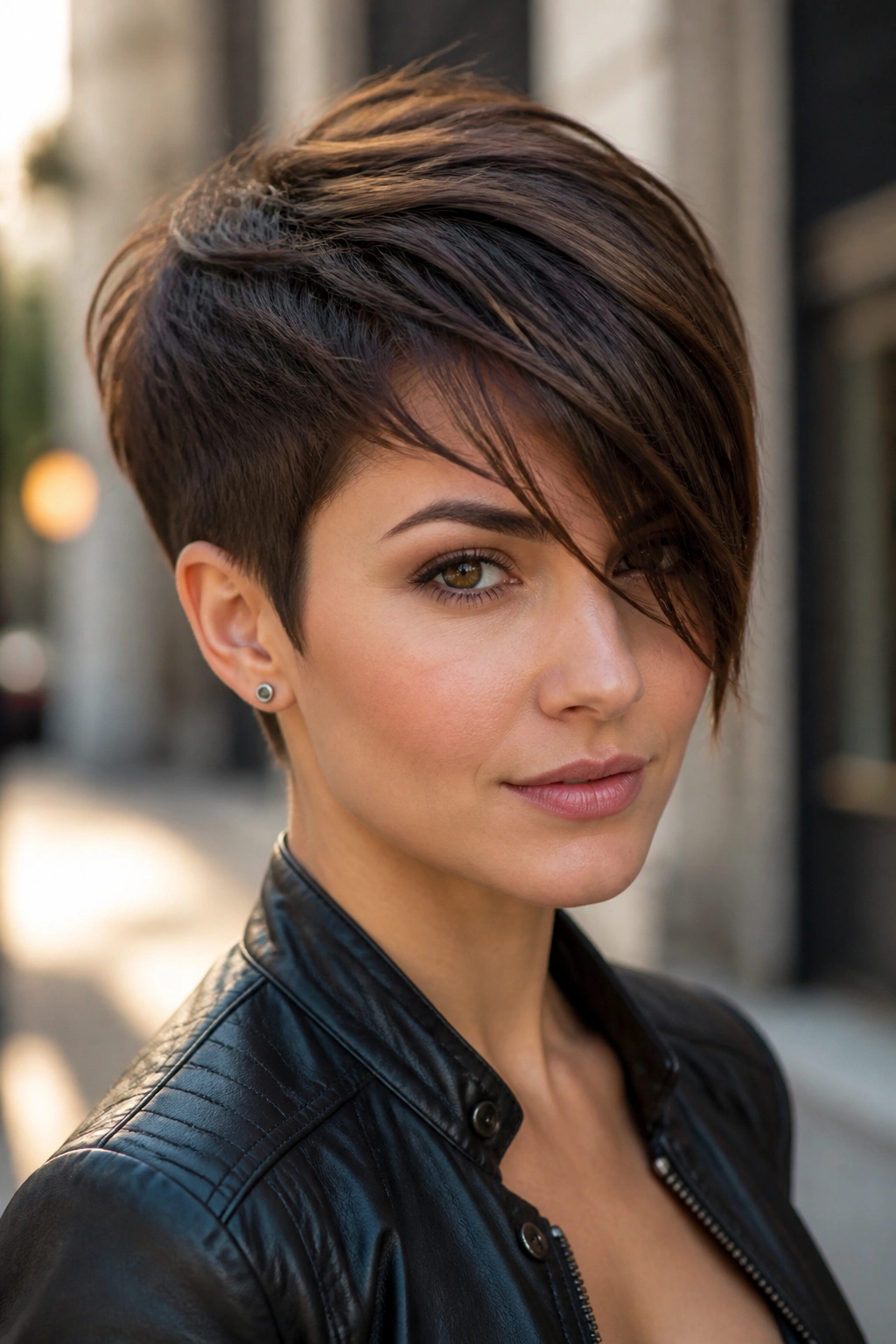 Portrait of a real person with a tapered pixie and longer fringe.