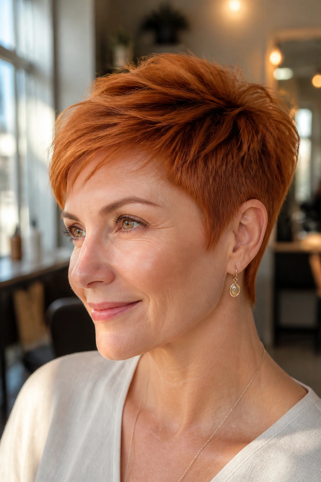 Close-up portrait of a real woman with a tapered ear-hugging pixie in warm copper-ginger tones.