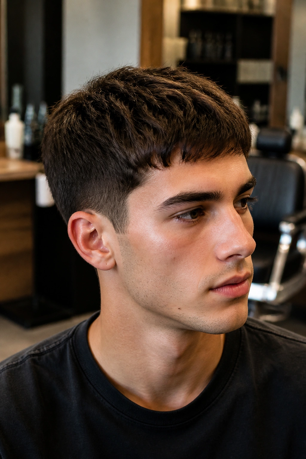 Close-up of a man with a classic tapered pixie haircut in a barber shop.