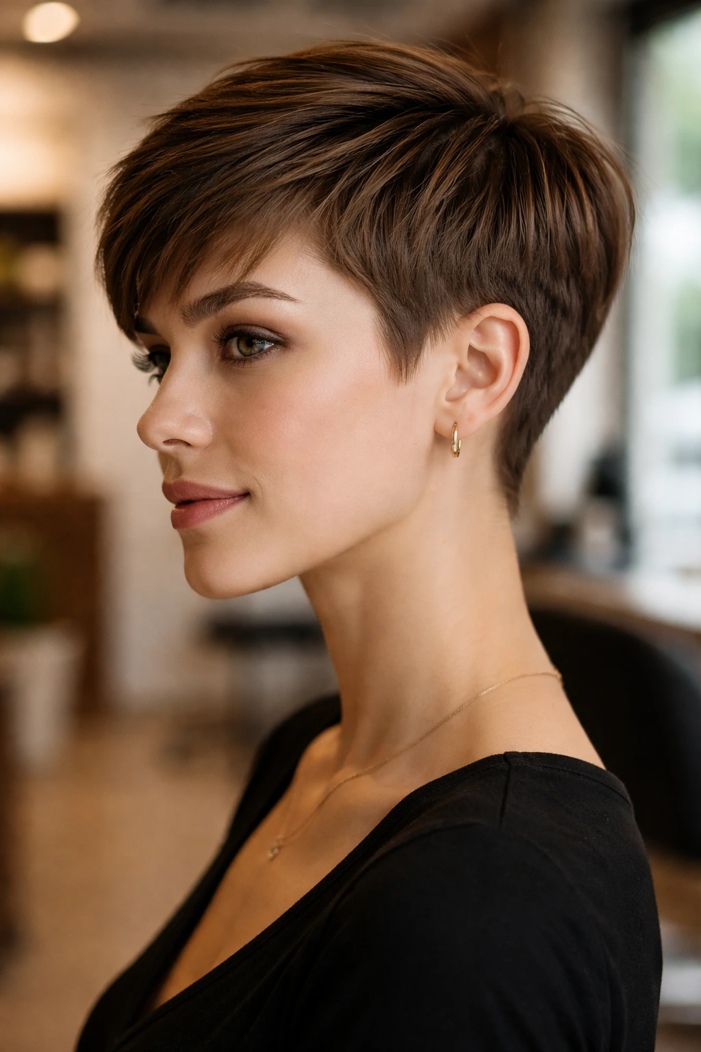 Close-up portrait of a real woman with a classic tapered pixie in a warm salon setting