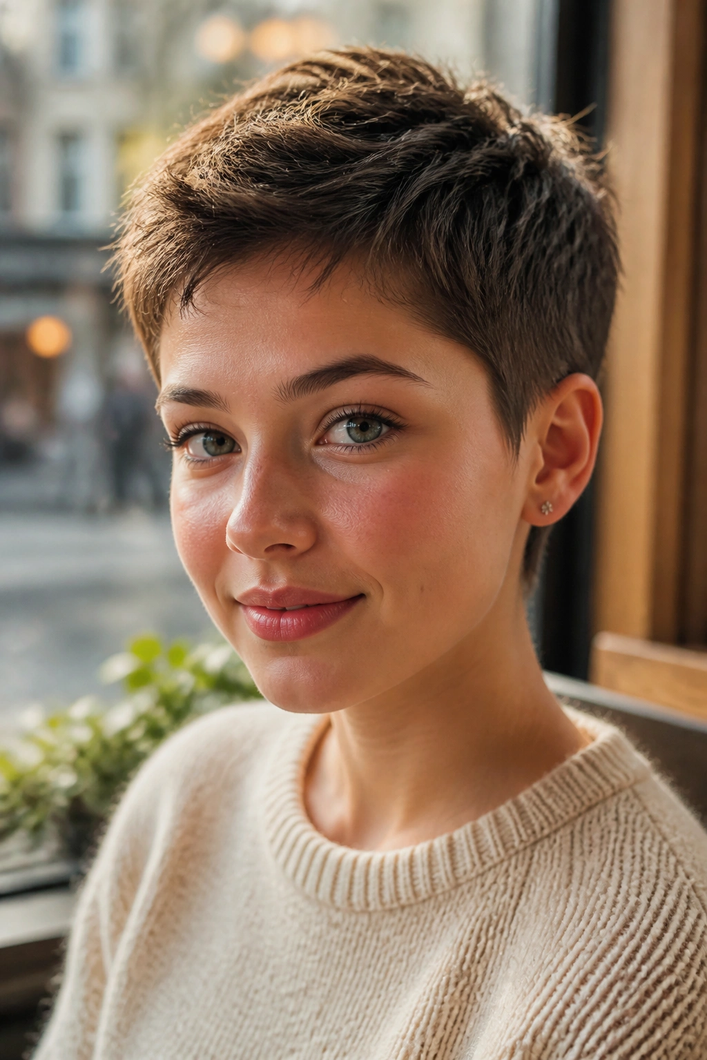 Close-up portrait of a girl with a tapered pixie in warm cafe light