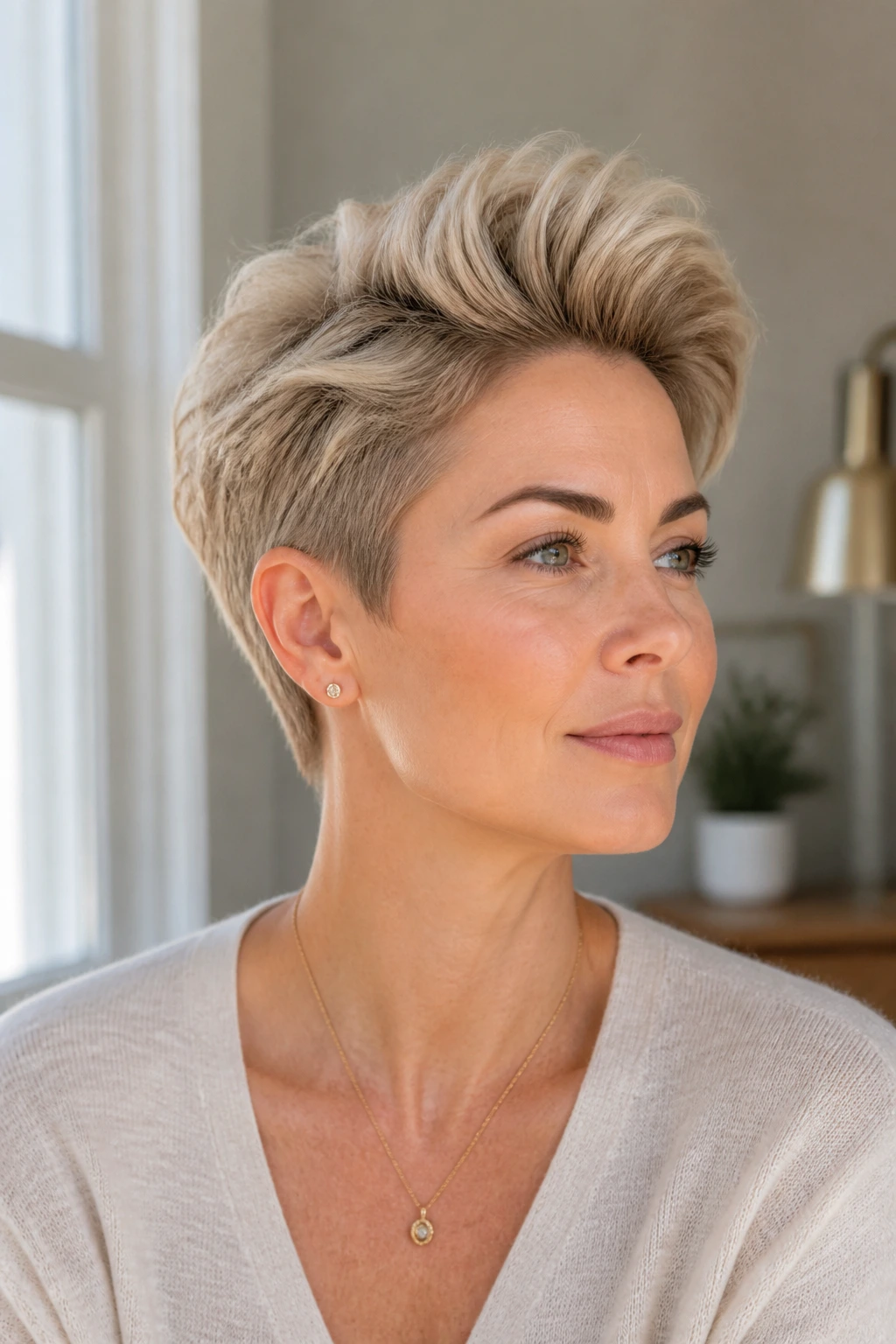 Real woman with tapered pixie and lifted top in natural light