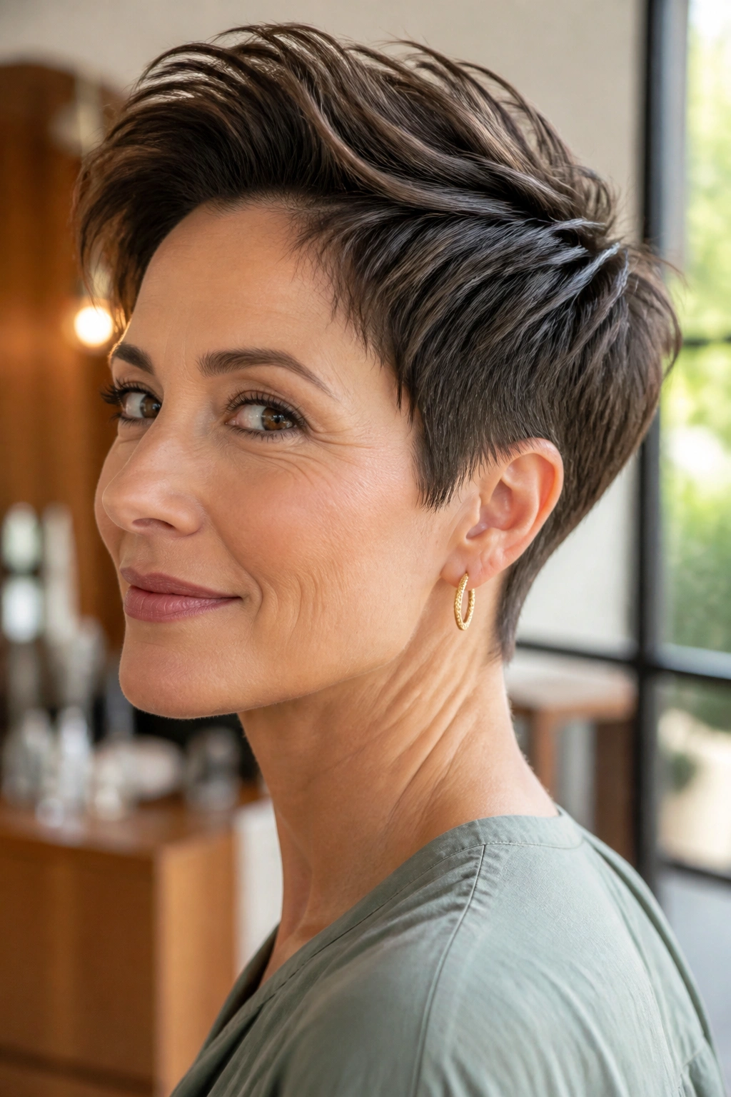 Close-up of a real woman with a tapered pixie and lifted crown, hair styled upward for height.