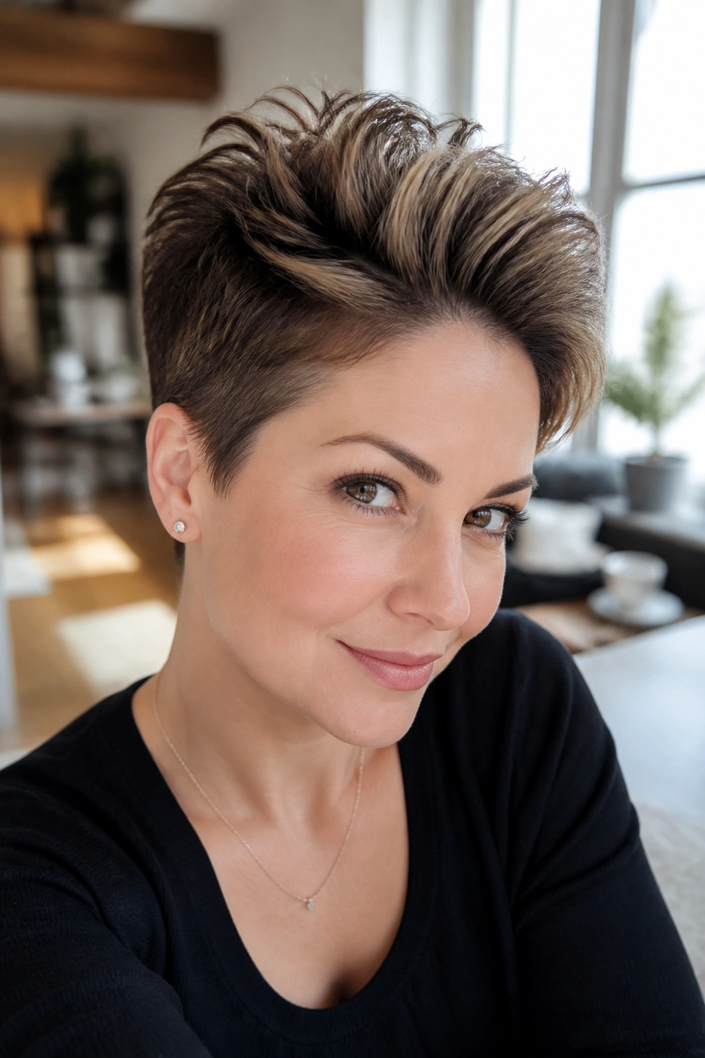 Close-up of a real woman with a tapered pixie and lifted crown.