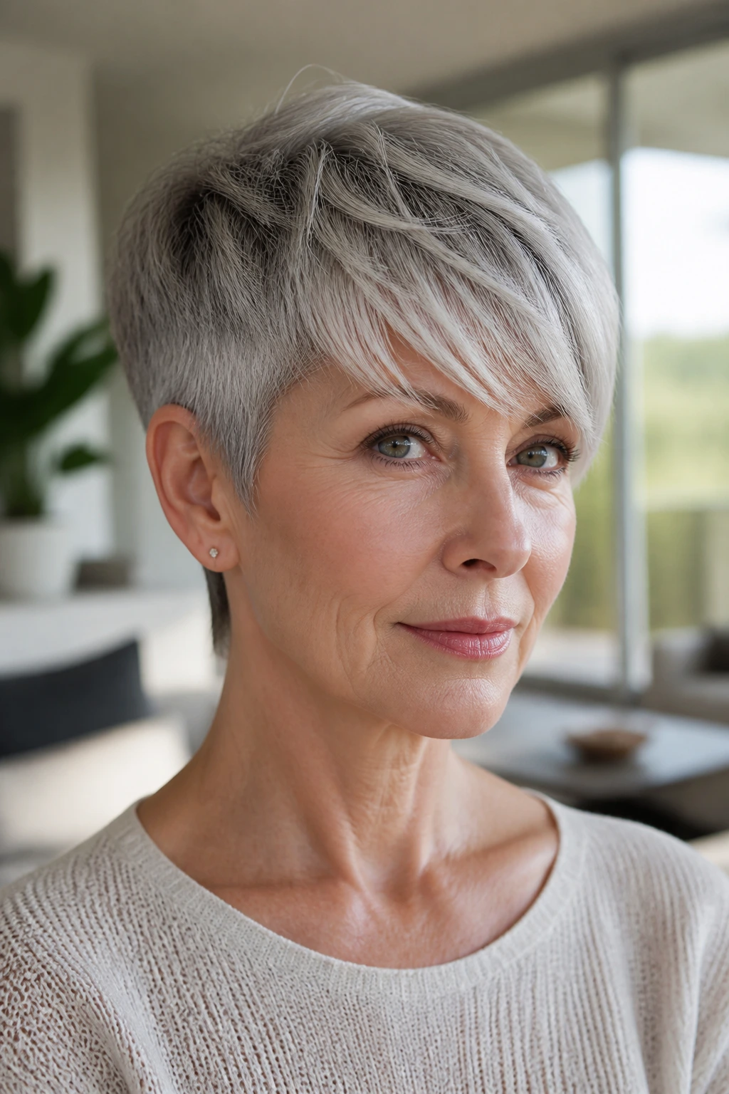 Real woman with tapered pixie and long fringe with silver highlights