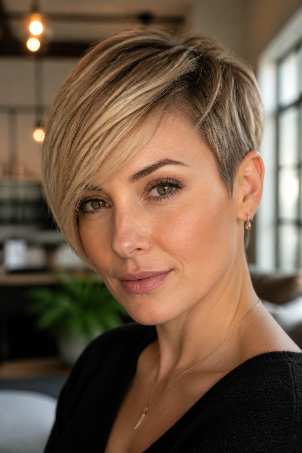 Close-up portrait of a real woman with a tapered pixie and long sweeping fringe in urban daylight