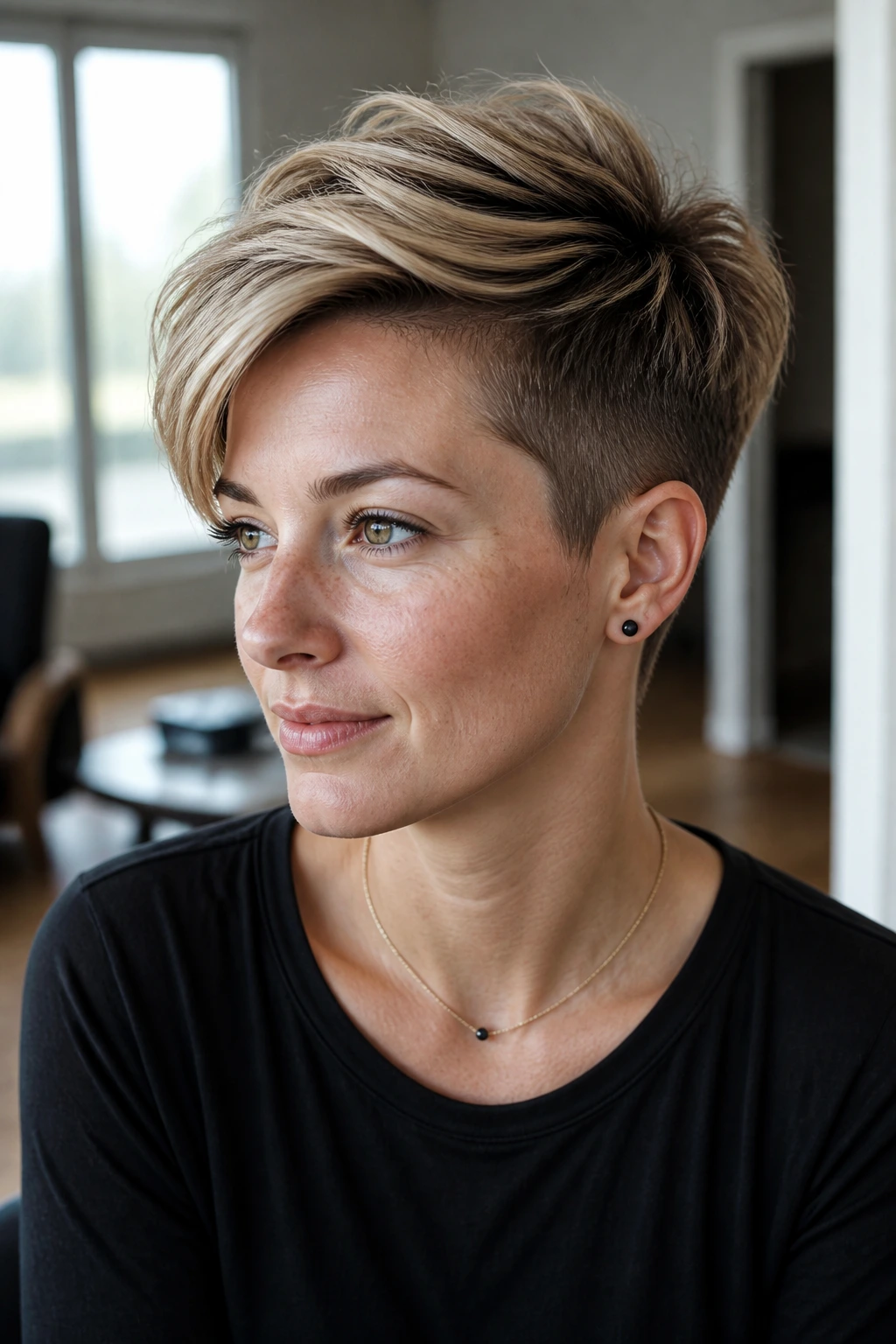 Close-up of a real woman with tapered pixie and long top showing contrast between sides and top.