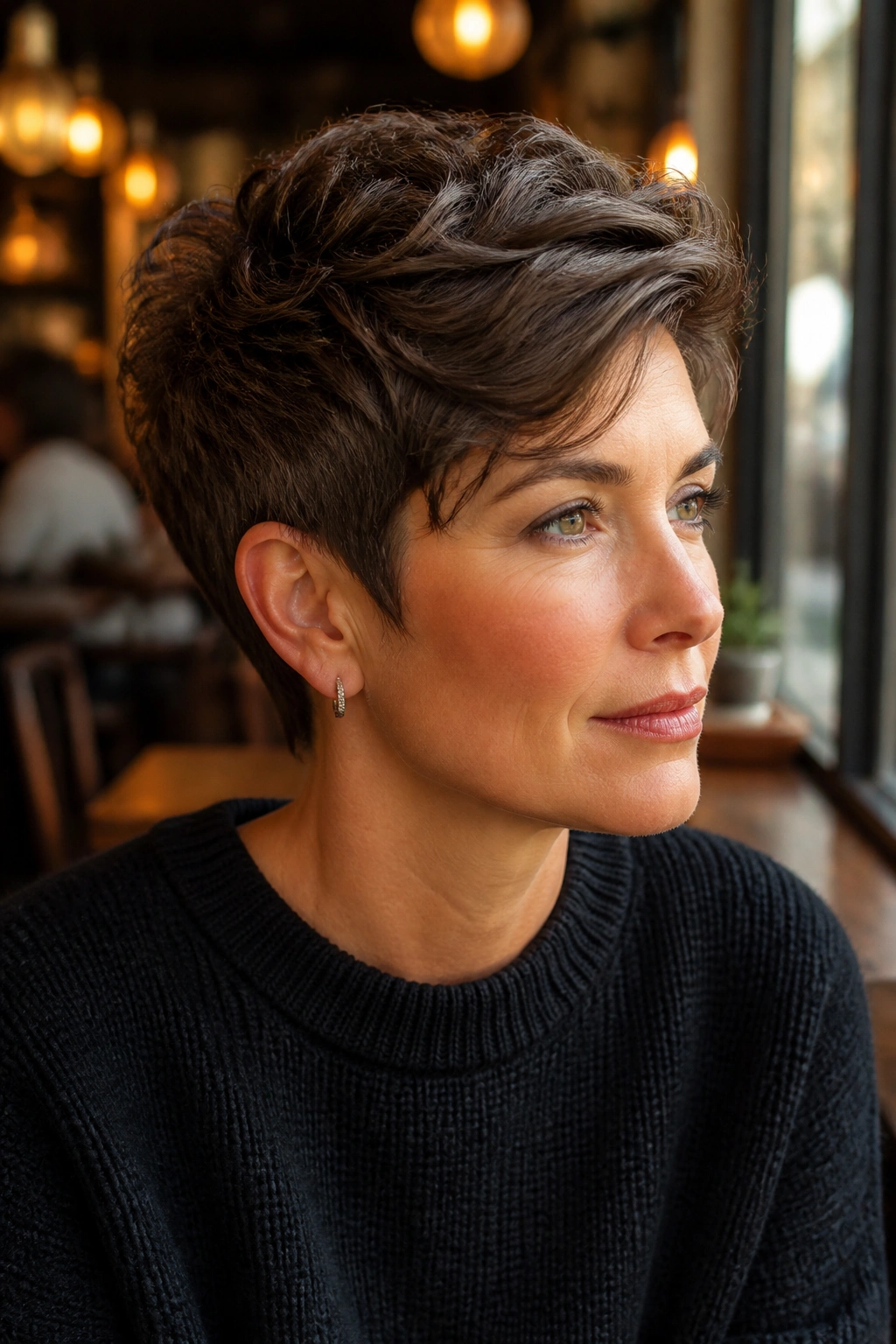 Close-up portrait of a real woman with a tapered pixie and long top, showing wave texture