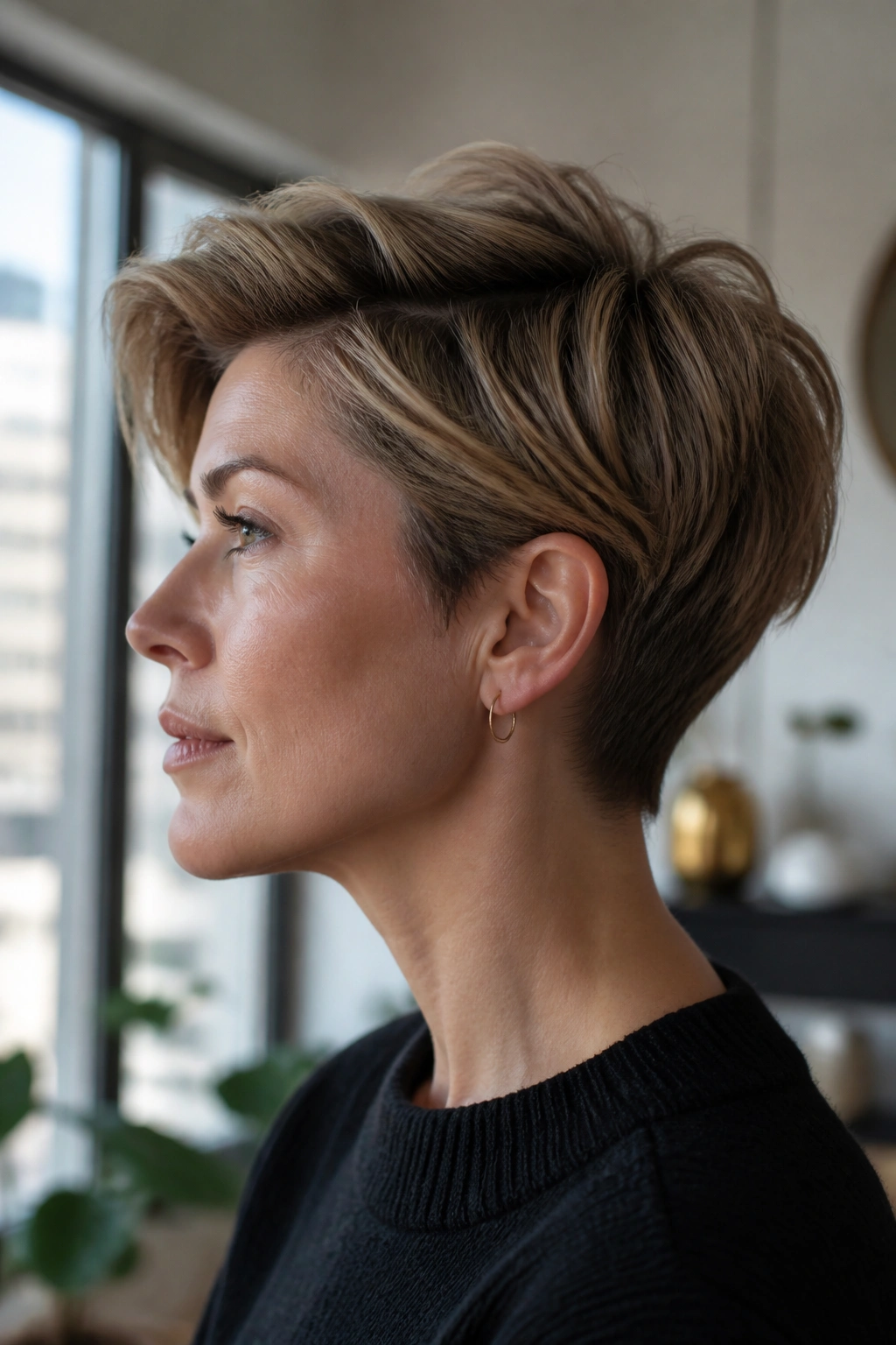Close-up of a real woman with tapered pixie and longer top in a modern apartment