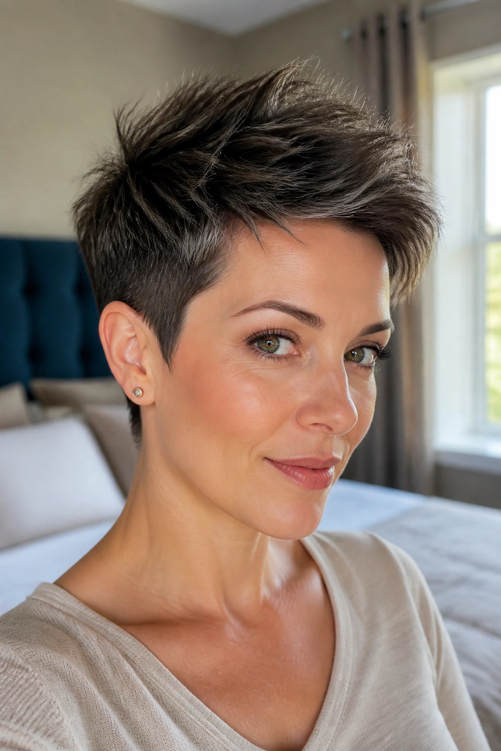Close-up portrait of a real person with a tapered pixie and longer top.