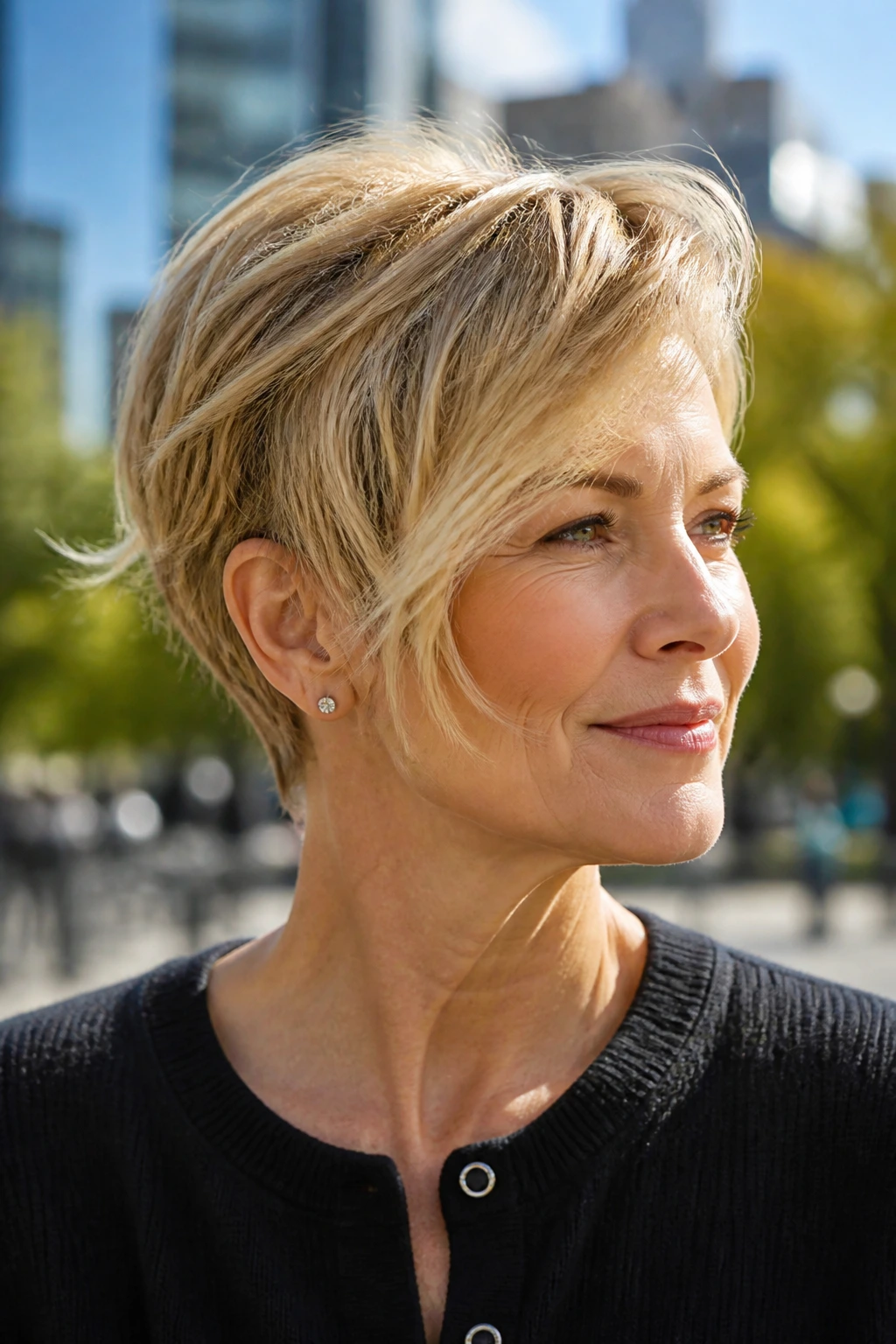 Close-up of a real woman with a tapered pixie and longer temple pieces.