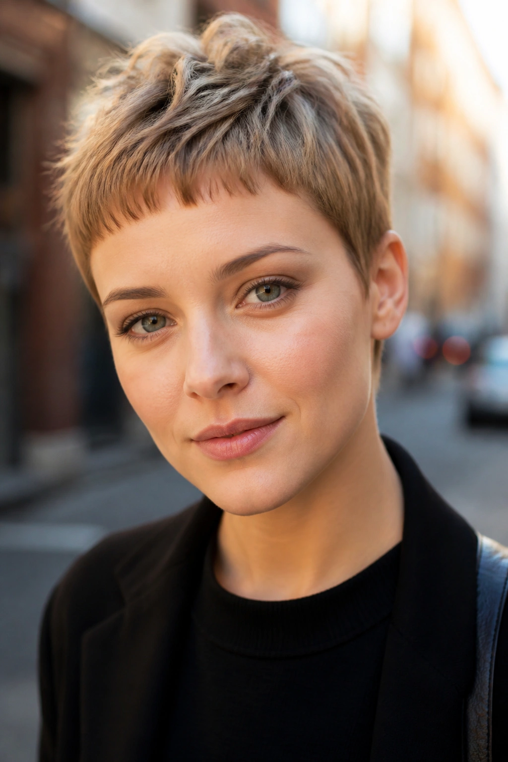 Portrait of a real person with tapered pixie and micro fringe