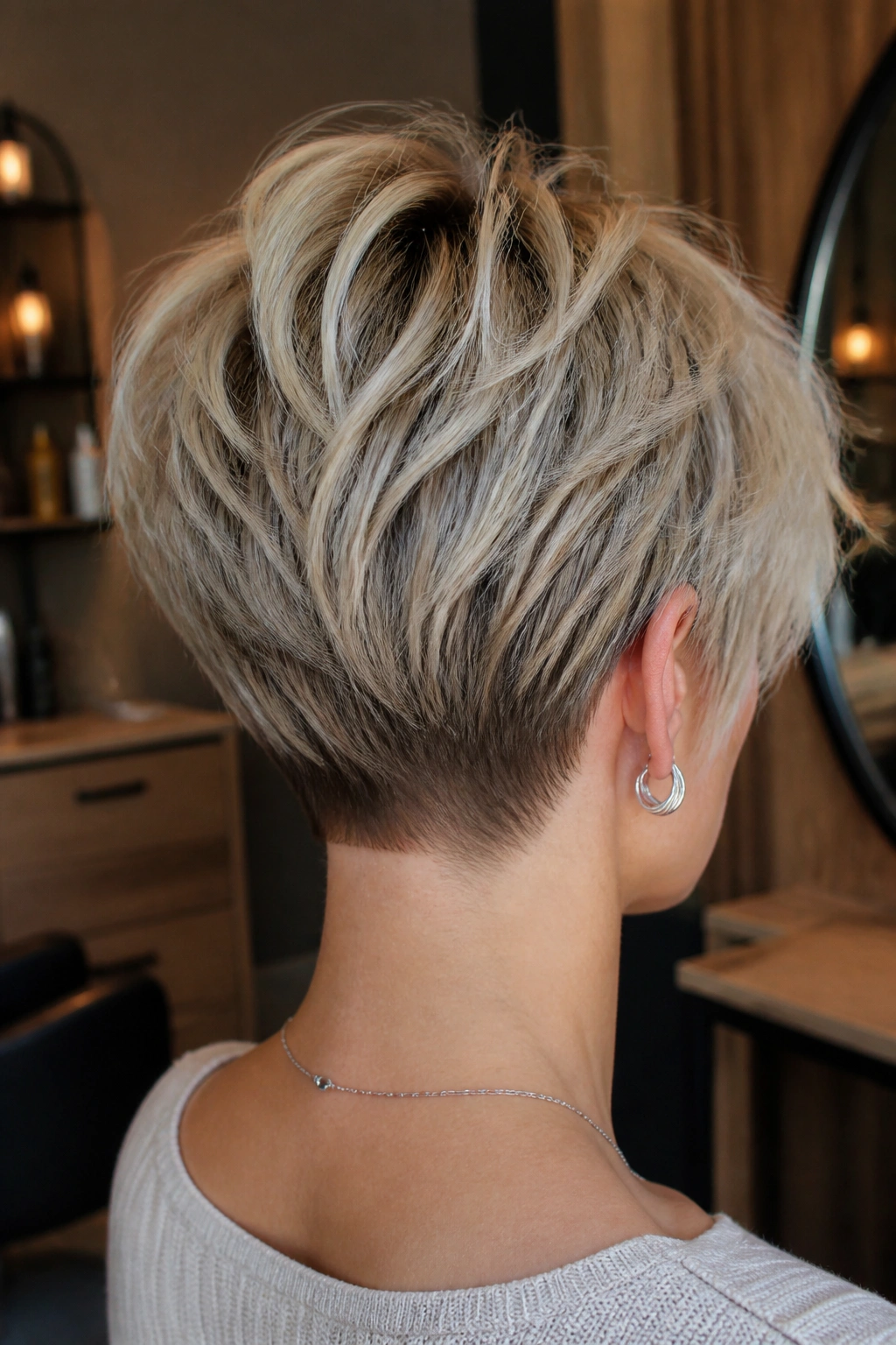 Back-view close-up of a real woman showing a clean tapered nape on a feathered pixie.