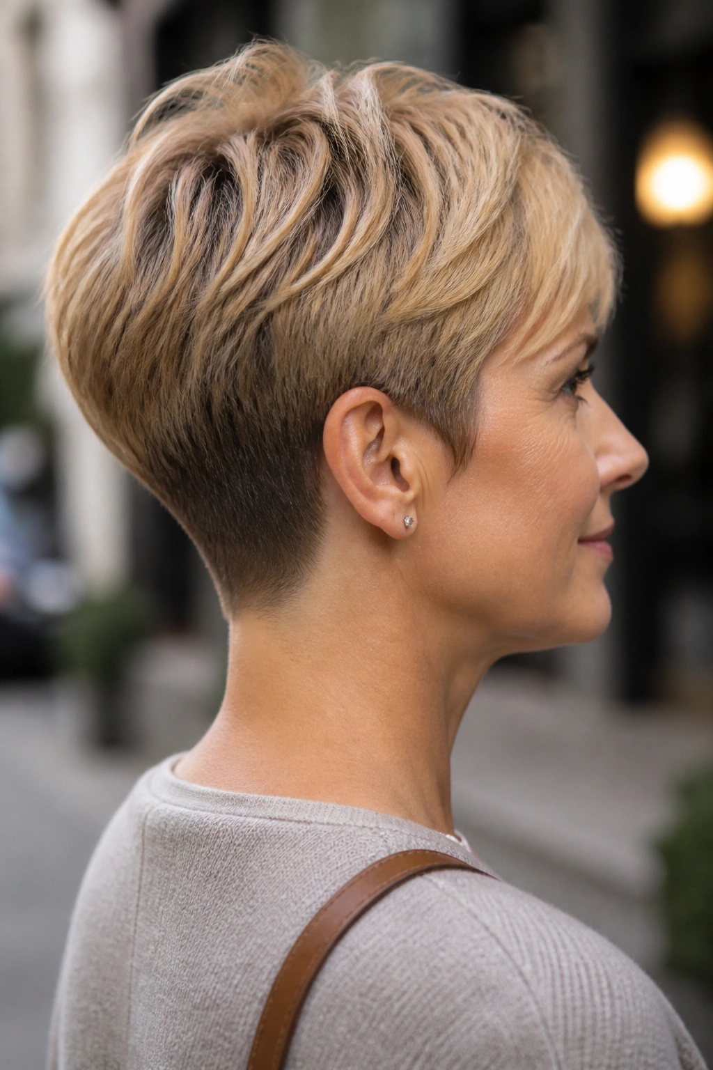 Real woman with tapered nape pixie and clean back in soft diffuse light