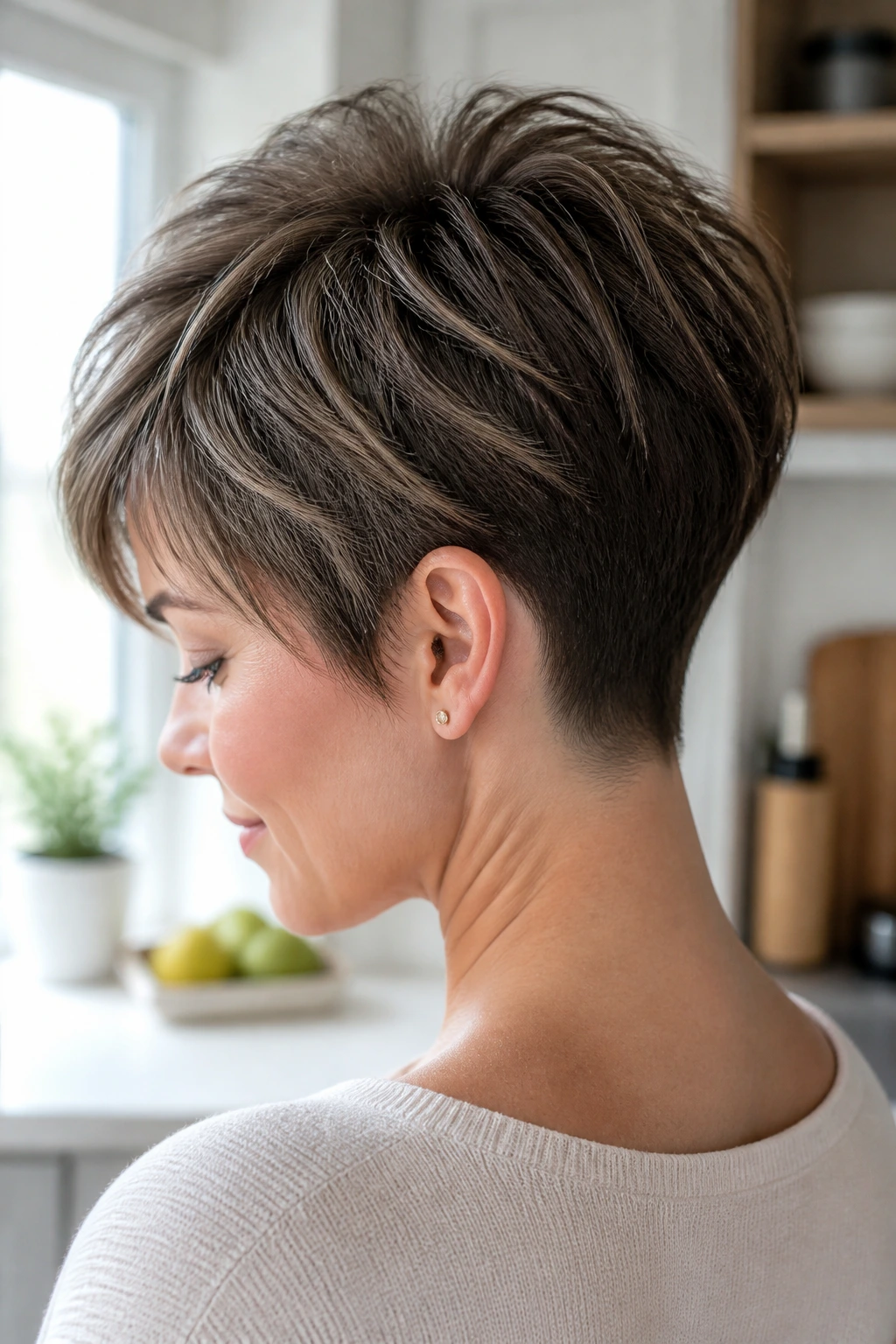 Close-up of a real person with a tapered pixie and visible nape detail
