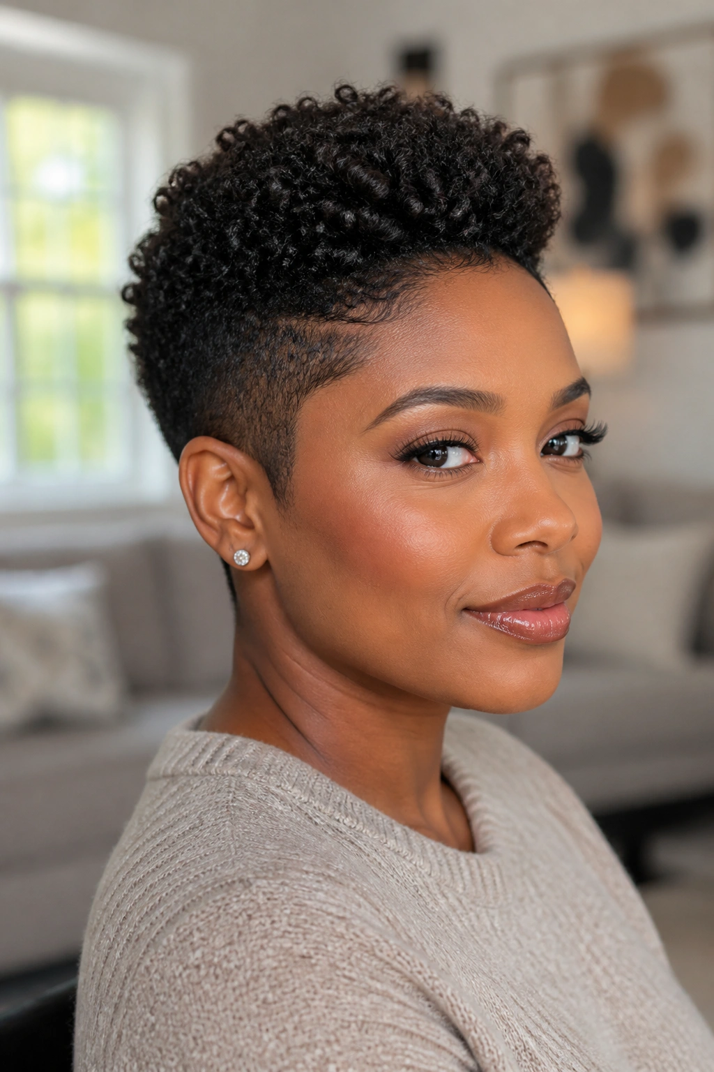 Close-up portrait of a real woman with a tapered natural-hair pixie, top coils and tapered sides.