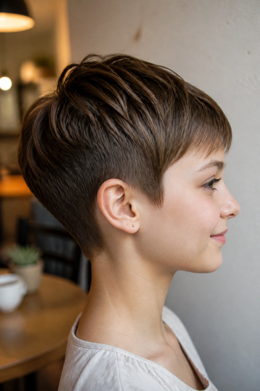 Side-profile of a girl with a tapered pixie and neat nape