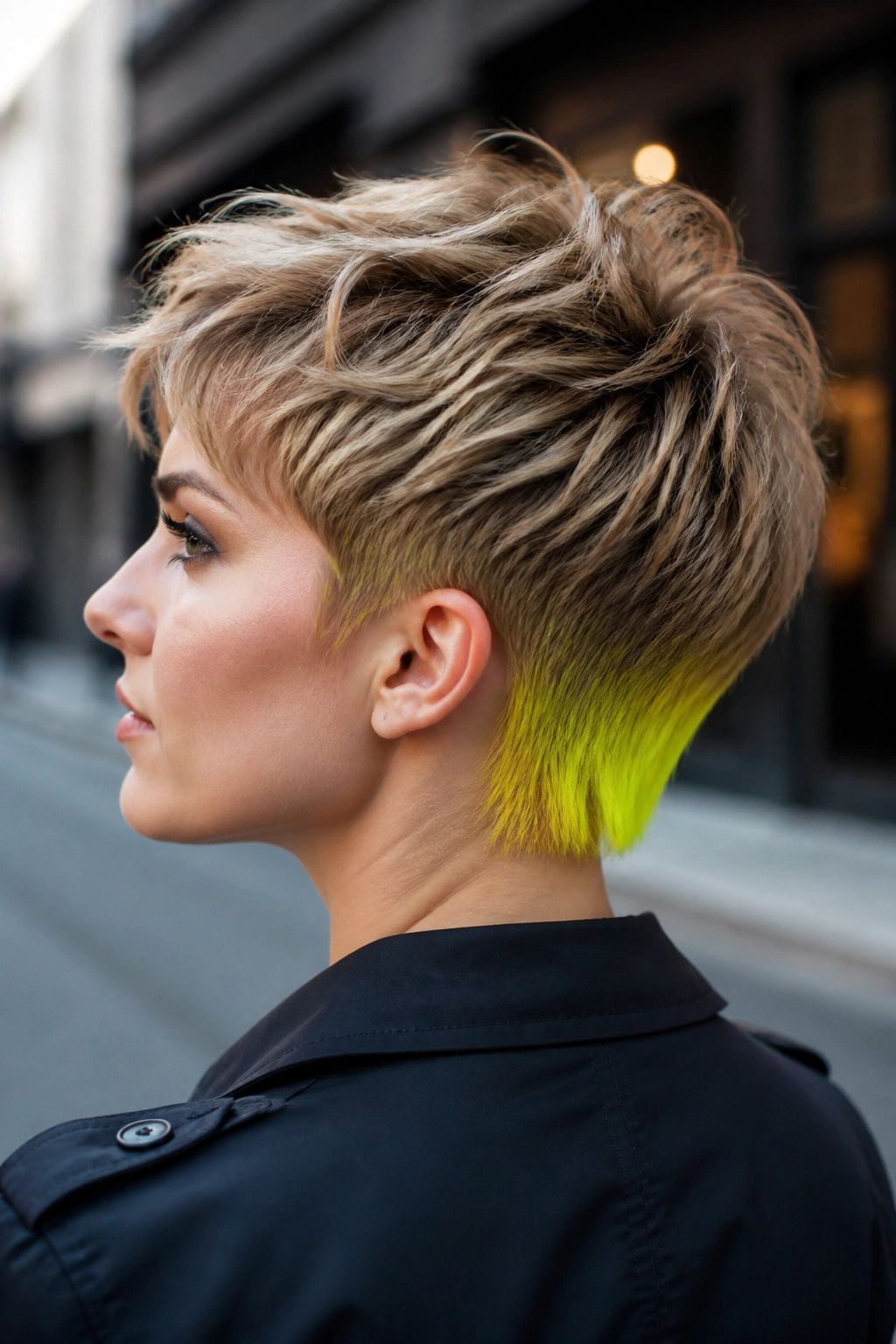 Portrait of a person with a tapered pixie and neon nape color.