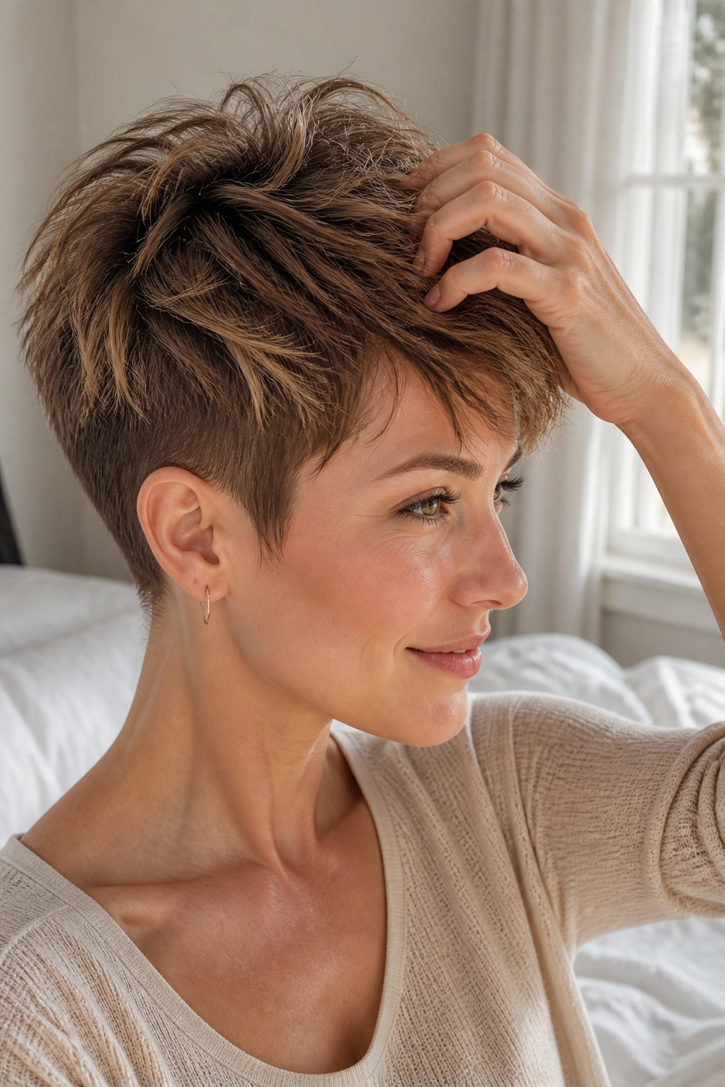 Close-up portrait of a real woman with tapered pixie and piecey top hairstyle