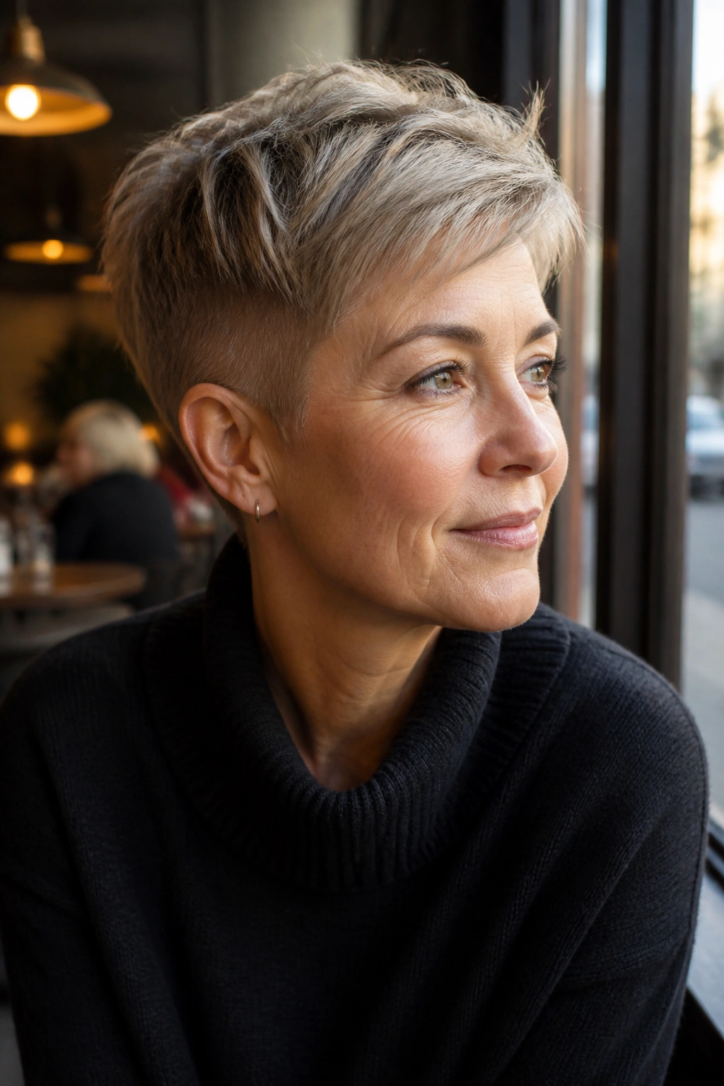 Close-up portrait of a woman with a tapered pixie and short sides